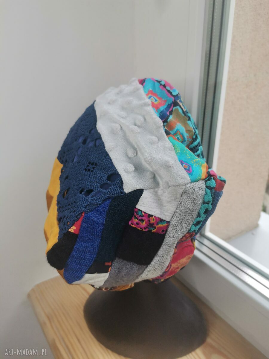 Czapka patchworkowa Boho Etno-Folk z motywem roweru na podszewce - rozmiar uniwersalny