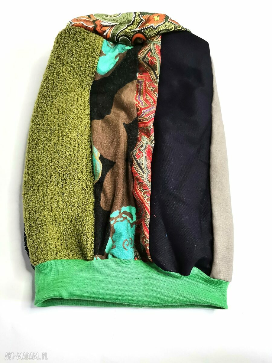 Czapka patchworkowa Smerfetka - kolorowa damska boho etno, uniwersalna na podszewce