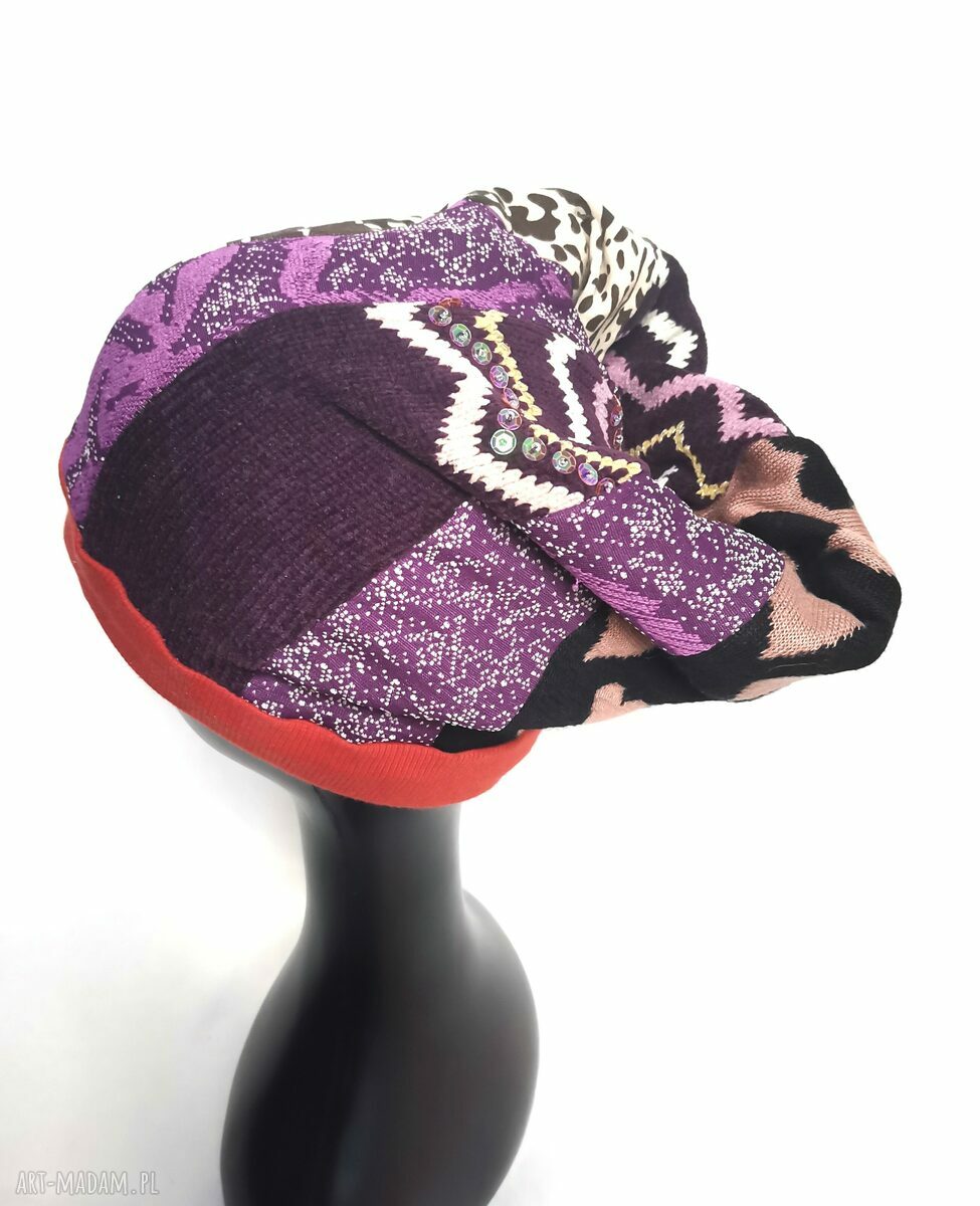 Czapka patchworkowa turbanowa folk boho z frędzlami - ciepła na podszewce