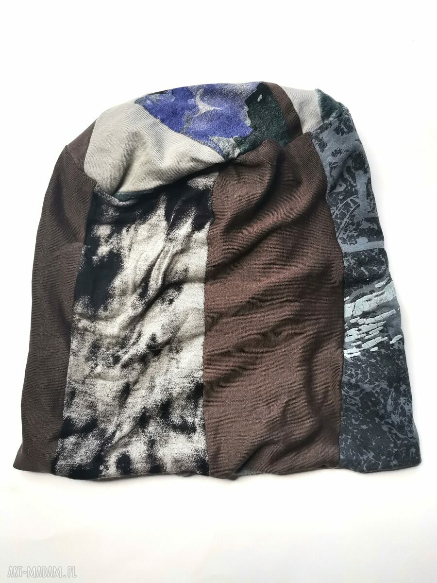 Czapka patchworkowa uniwersalna w kolorach ziemi - handmade boho na podszewce