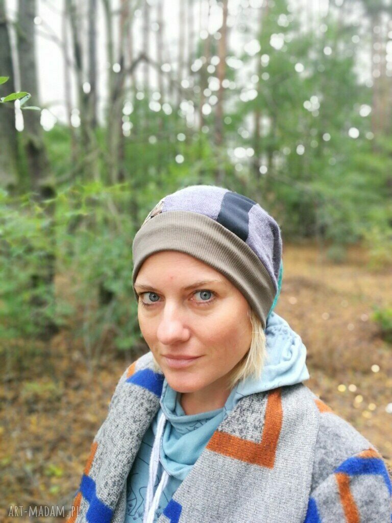 Kolorowa czapka boho etno Smerfetka patchworkowa na podszewce - rozmiar uniwersalny