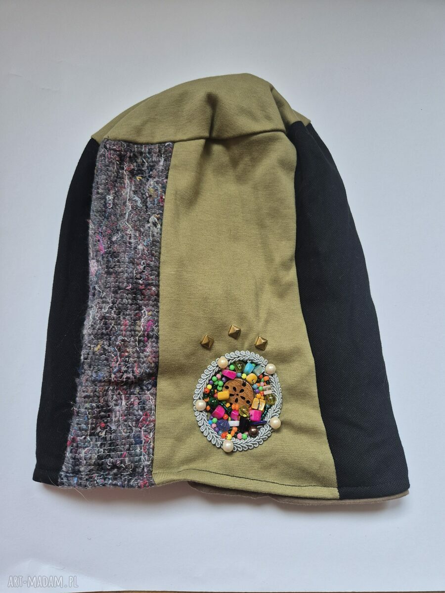 Czapka patchworkowa Smerfetka - boho folk na podszewce, wiosenna i uniwersalna