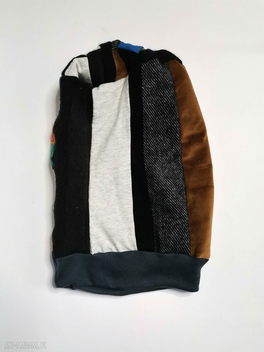 Czapka patchworkowa turbanowa etno boho - podszewka smerfetka, rozmiar uniwersalny