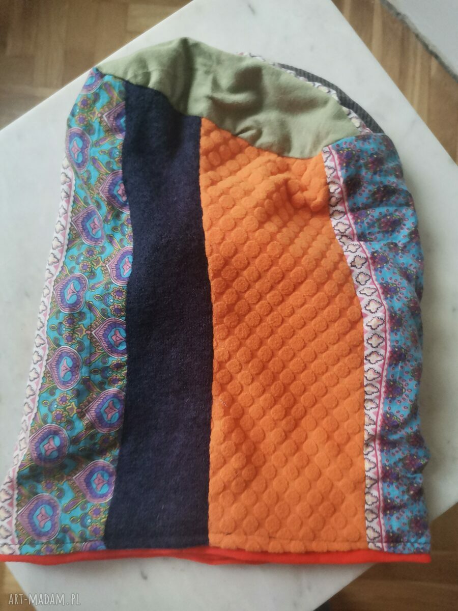 Czapka patchworkowa Smerfetka Frida - boho frędzle
