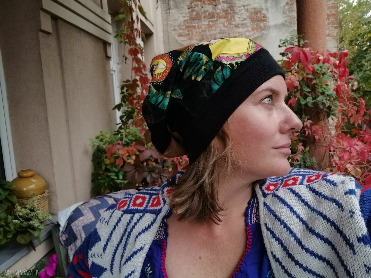 Czapka patchworkowa Frida Kahlo damska na podszewce - rozmiar uniwersalny