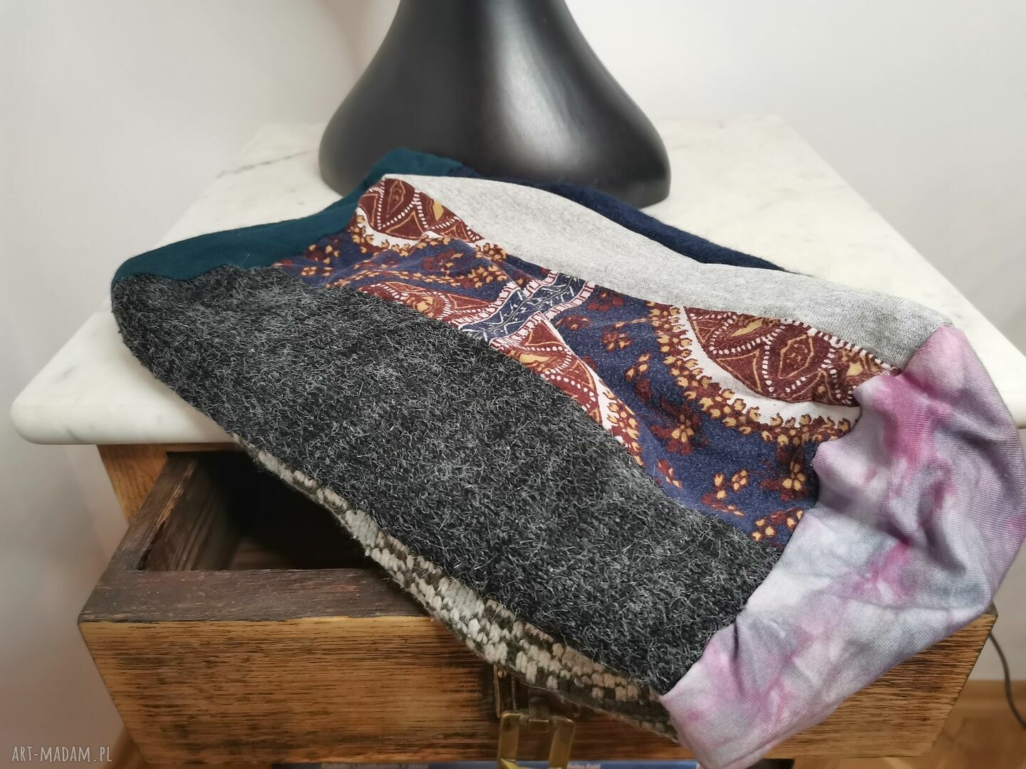 Czapka patchworkowa długa folk i Frida - etno boho z frędzlami na podszewce