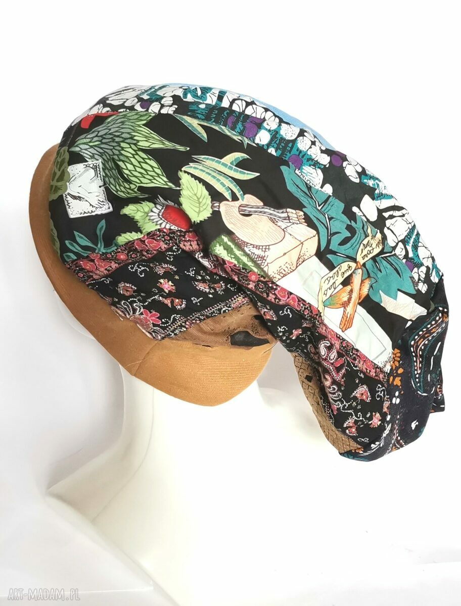 Czapka patchworkowa Smerfetka z podszewką - turbanowe marszczenie (57-59 cm)