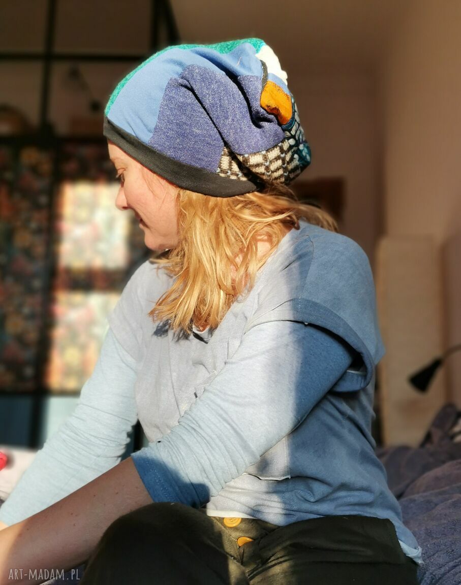 Czapka patchworkowa boho Frida z frędzlami - na podszewce, rozmiar uniwersalny