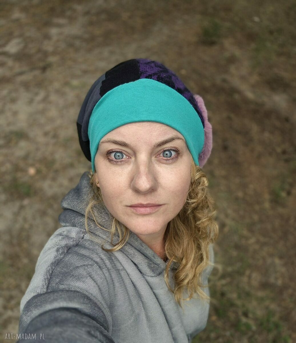 Czapka patchworkowa turban - miła i ciepła na podszewce, rozmiar uniwersalny