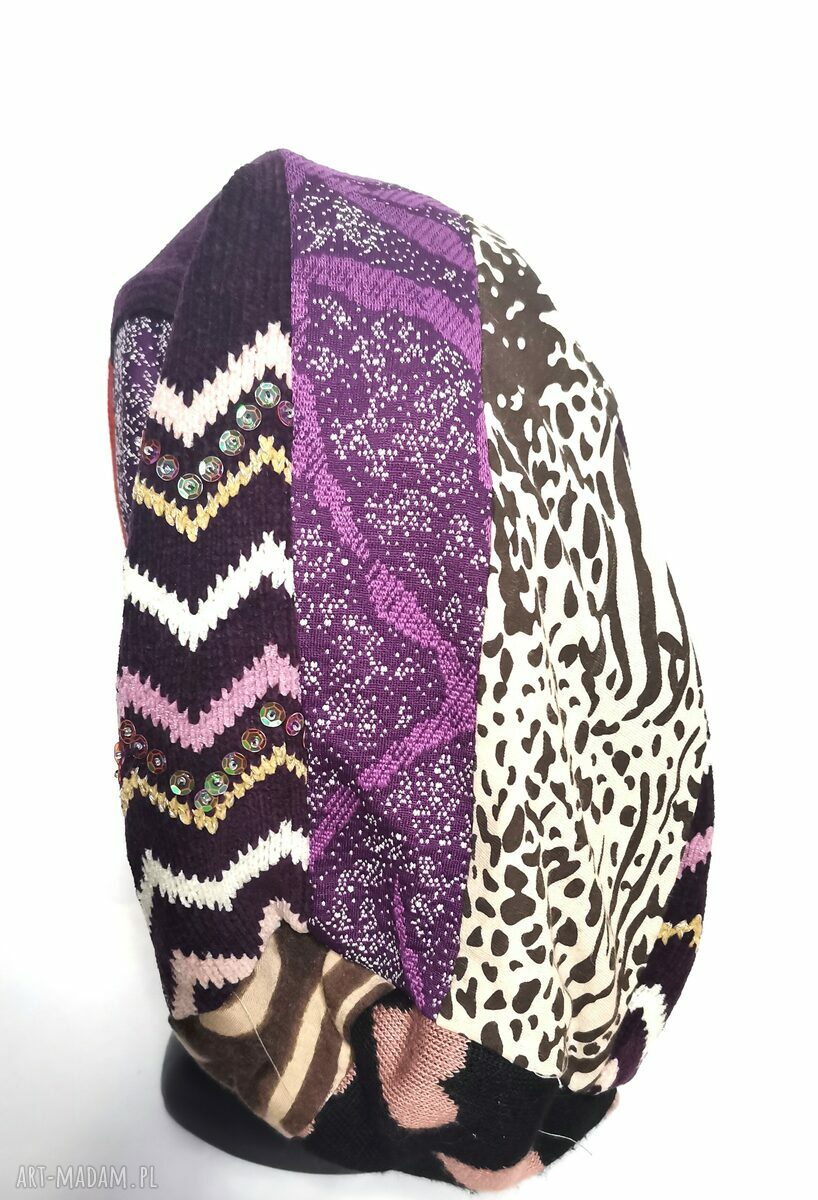 Czapka patchworkowa turbanowa folk boho z frędzlami - ciepła na podszewce
