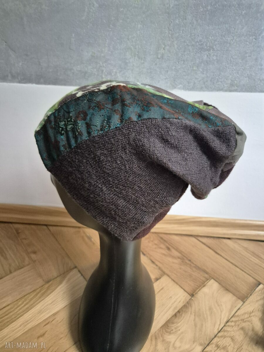 Czapka Frida patchworkowa w kolorach jesieni (M, 55-57 cm) - ręcznie robiona