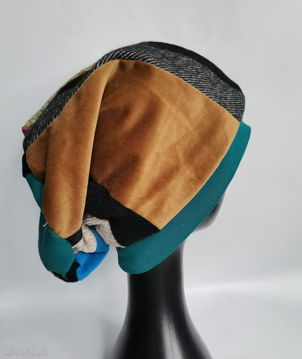 Czapka patchworkowa „Smerfetka” Frida - boho etno, kolorowe rolki i rower, rozmiar uniwersalny - ręczne wykonanie