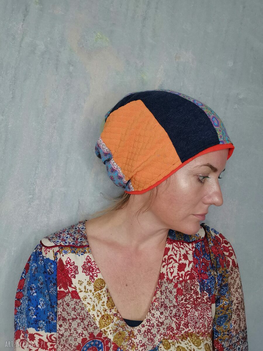 Czapka patchworkowa Smerfetka Frida - boho frędzle