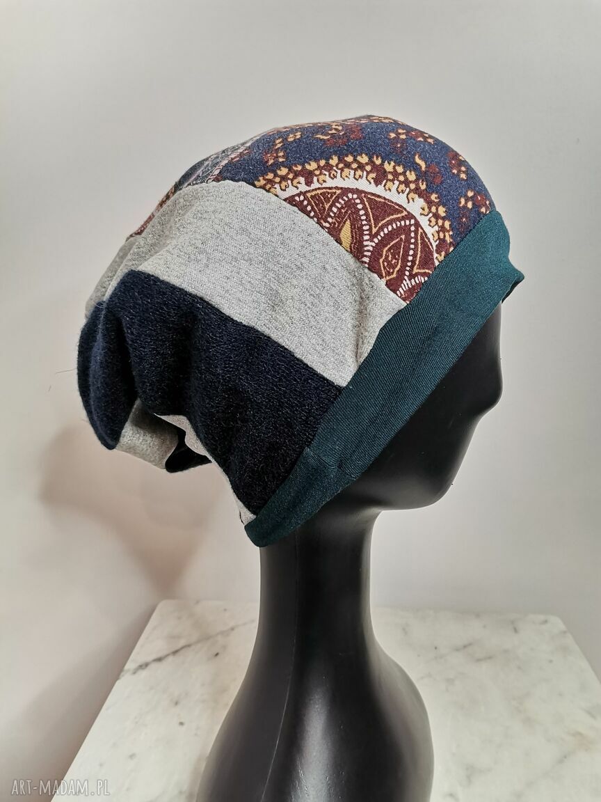 Czapka patchworkowa długa folk i Frida - etno boho z frędzlami na podszewce
