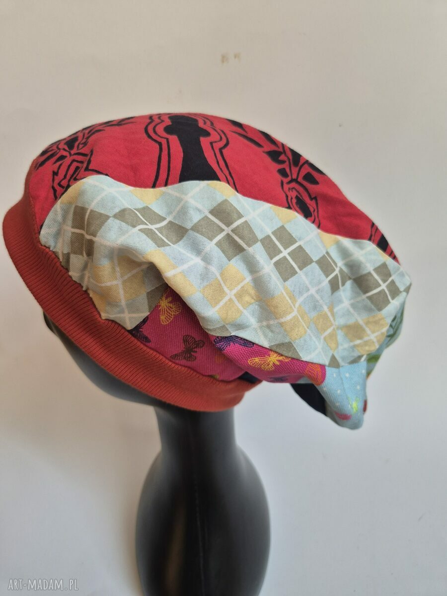 Ciepła czapka patchworkowa na podszewce - rozmiar uniwersalny (handmade)