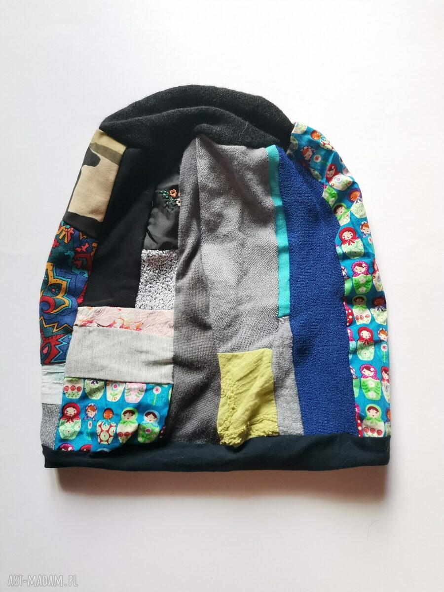Kolorowa czapka patchworkowa na podszewce - boho folk Ruda Klara