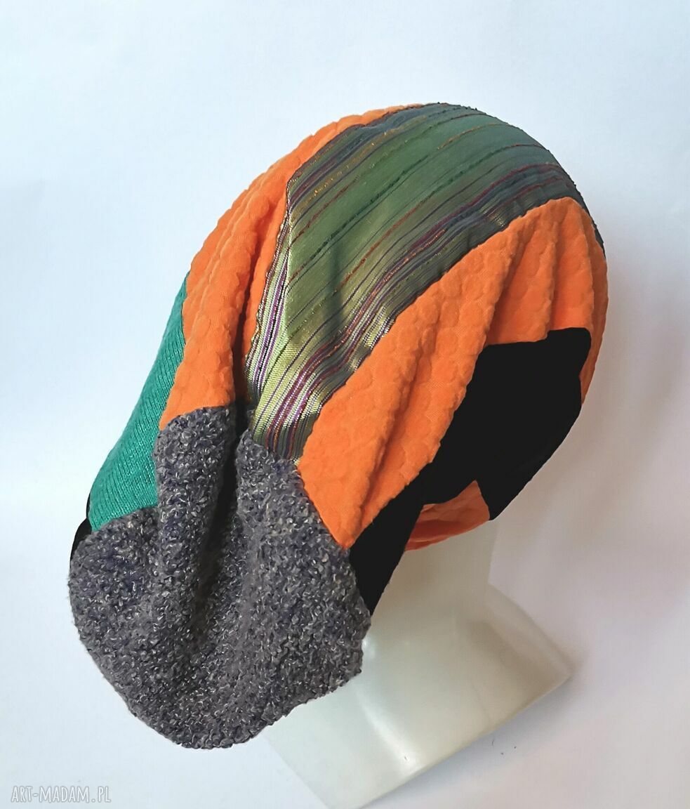 Kolorowa czapka patchworkowa boho i etno-folk na podszewce