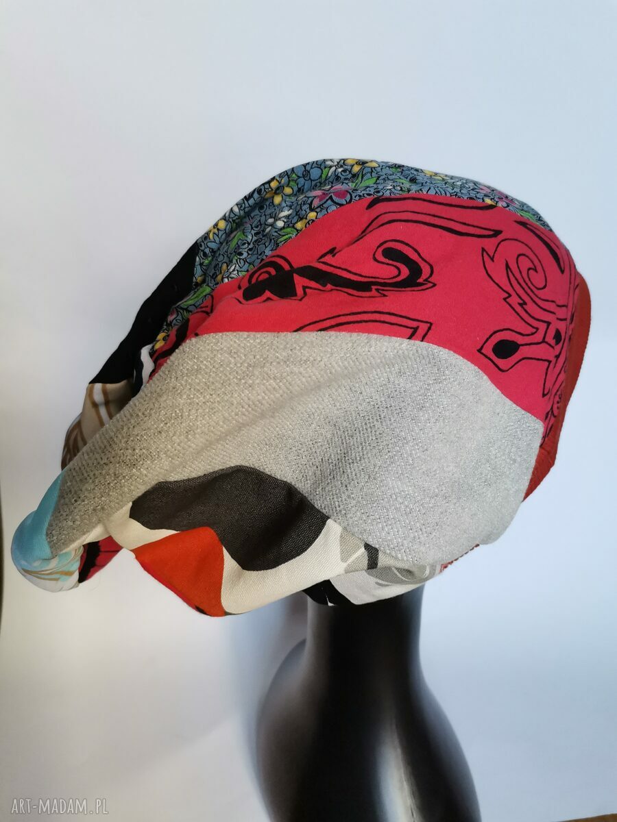 Czapka patchworkowa damska na podszewce - folk boho, rozmiar uniwersalny