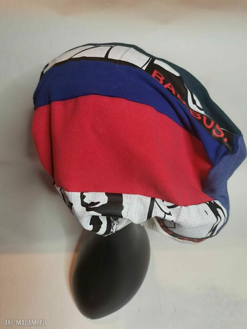 Czapka patchworkowa boho „Smerfetka” z koronką i podszewką - unikatowa