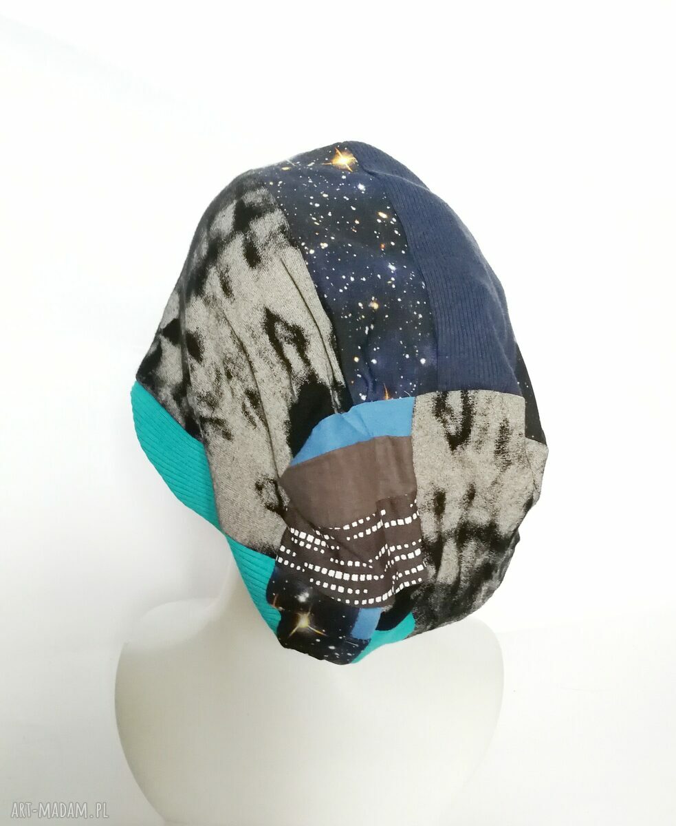 Czapka patchworkowa Smerfetka na podszewce - kosmos etno, boho handmade (rozmiar uniwersalny)
