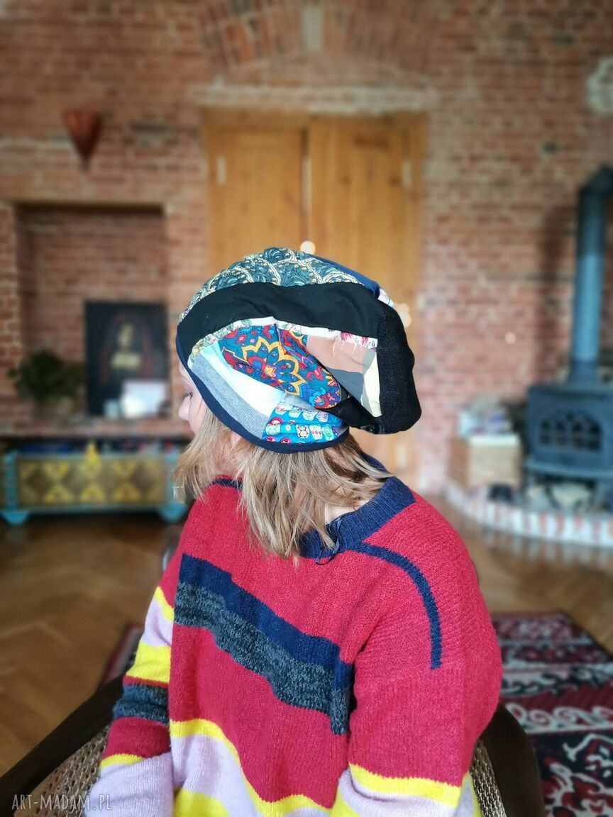 Kolorowa czapka patchworkowa na podszewce - boho folk Ruda Klara