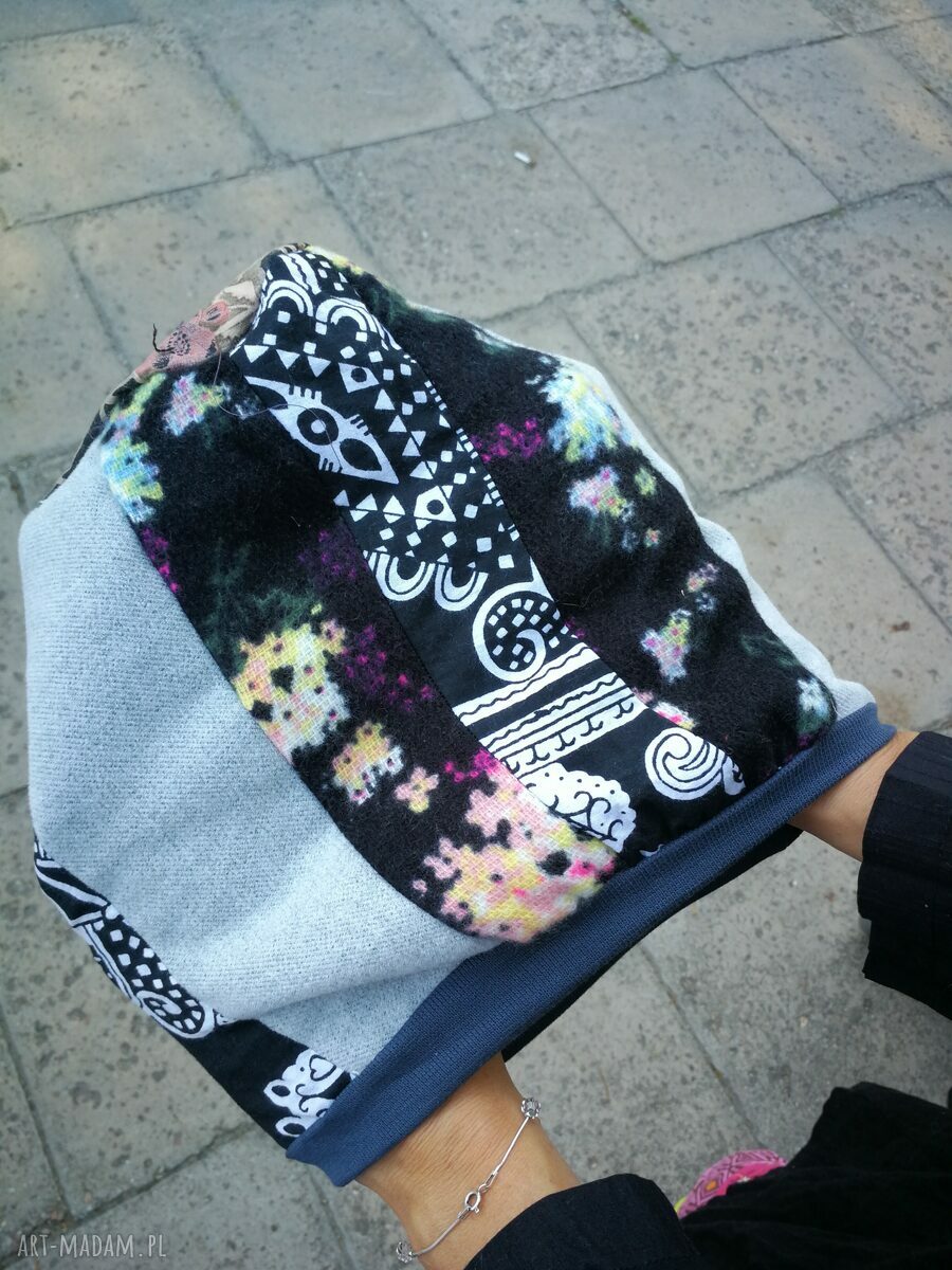 Czapka patchworkowa Smerfetka na podszewce - boho wiosenna w turbanowym stylu