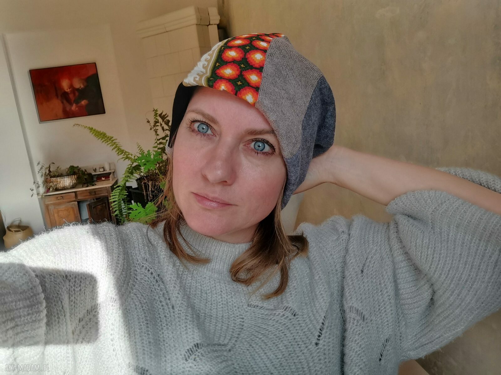 Czapka patchworkowa na podszewce - rozmiar uniwersalny w grochy
