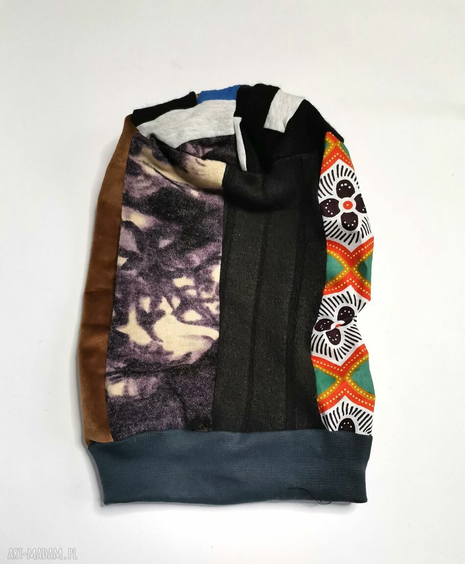 Czapka patchworkowa turbanowa etno boho - podszewka smerfetka, rozmiar uniwersalny