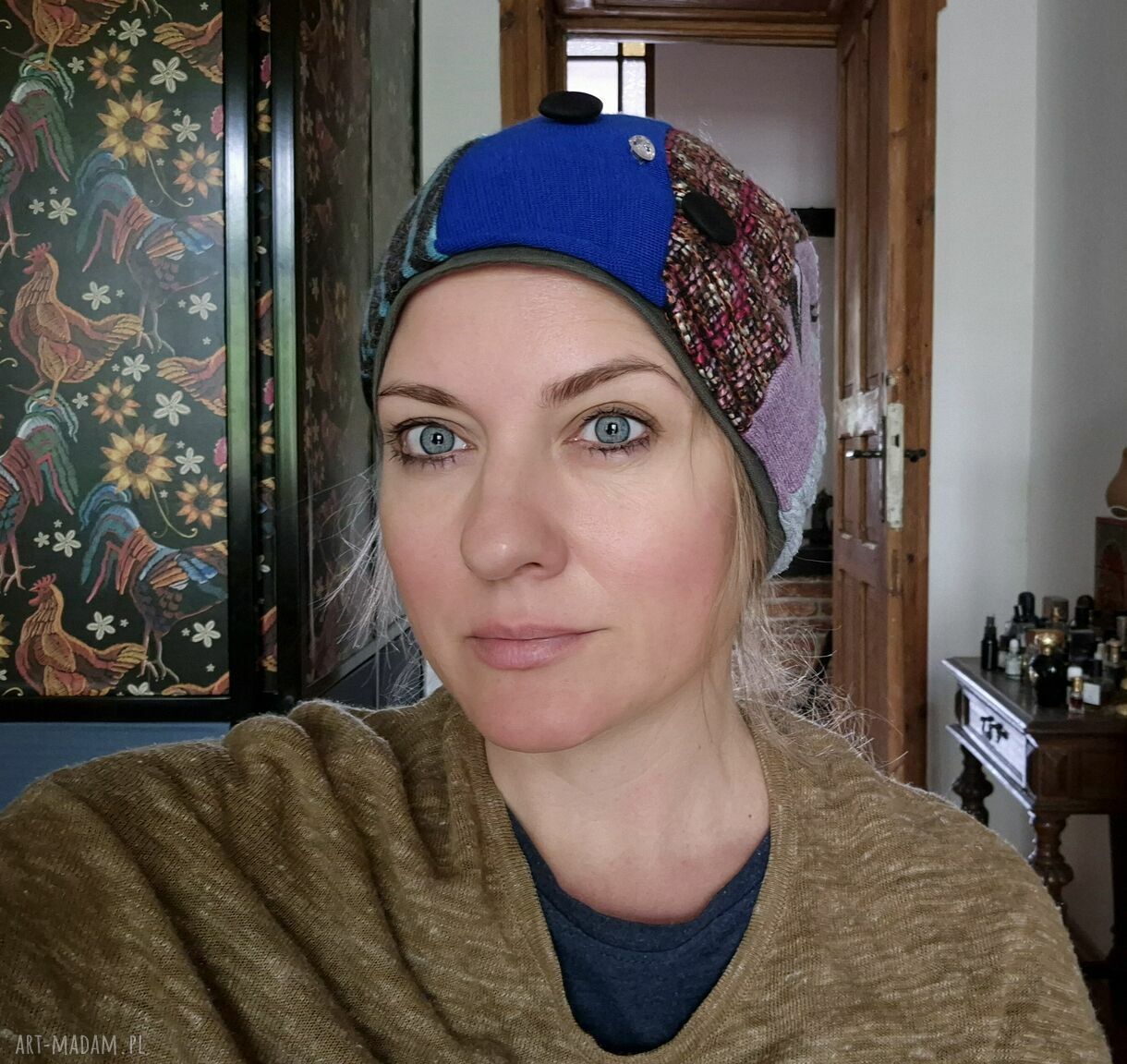 Miękka czapka patchworkowa na podszewce - boho na co dzień