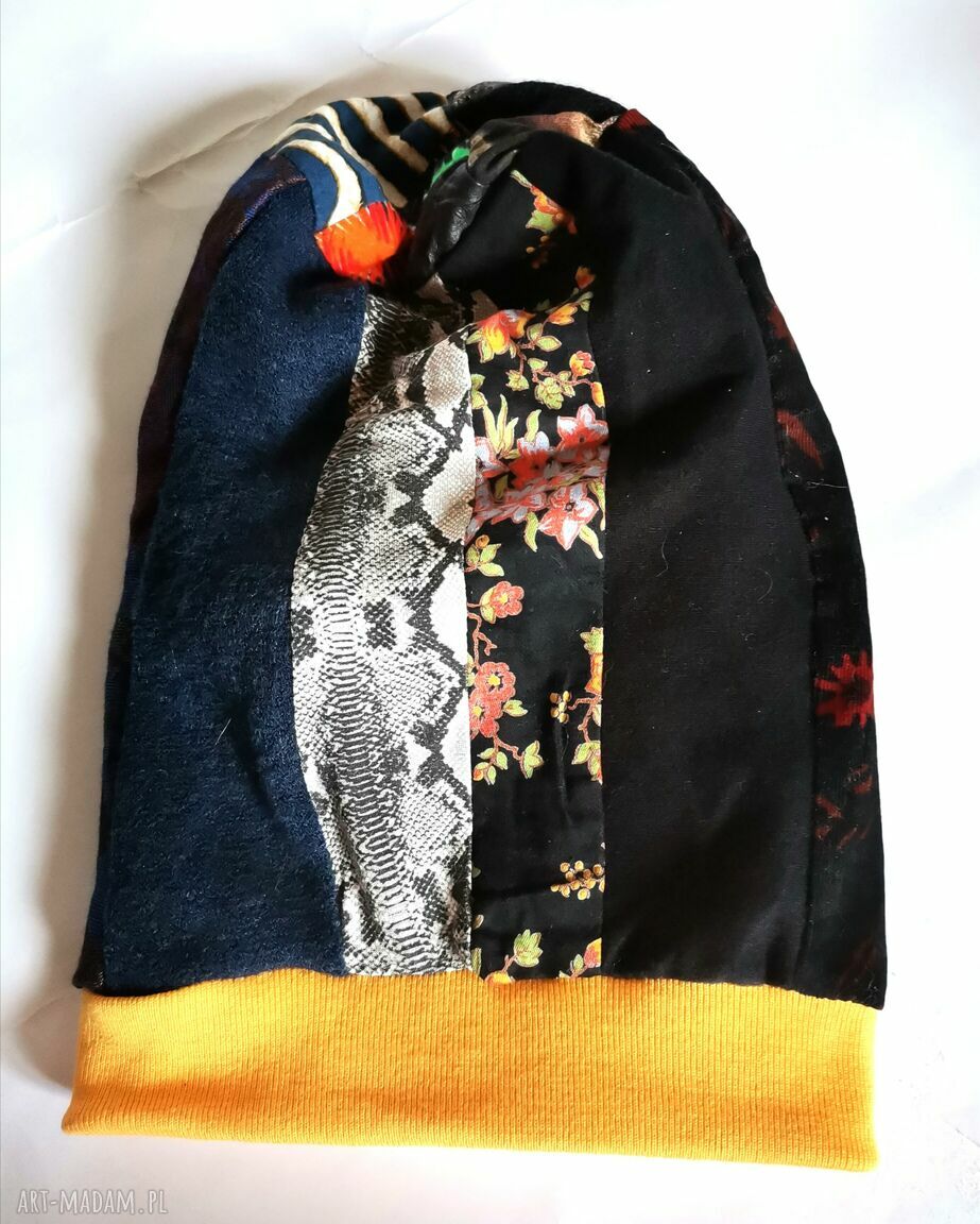 Czapka patchworkowa Smerfetka 57-59 cm - folk rower etno boho (podszewka)