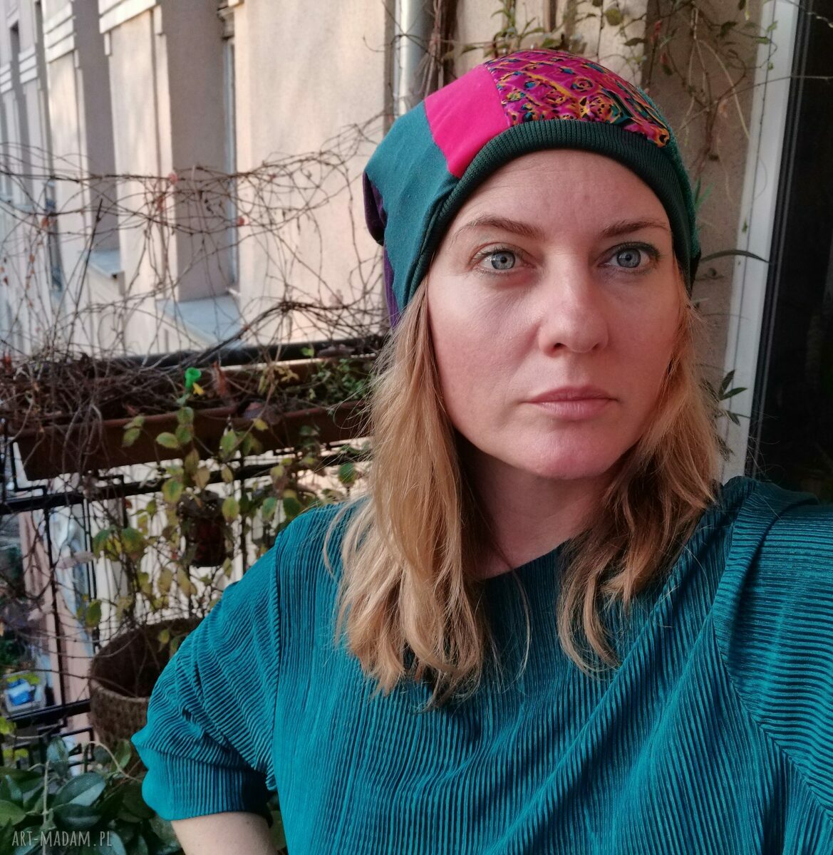 Kolorowa czapka patchworkowa Smerfetka folk boho na podszewce - one size