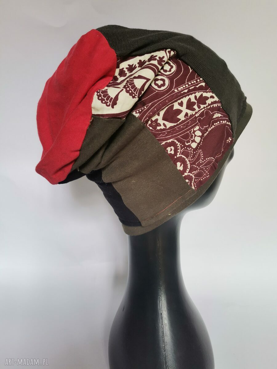 Czapka patchworkowa krótka one size na podszewce - boho etno
