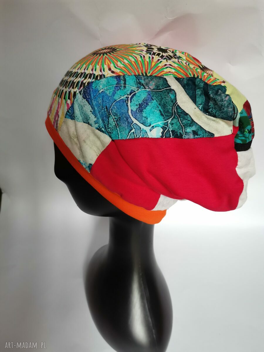 Czapka patchworkowa Smerfetka boho - Frida rower, frędzle, uniwersalna (na podszewce)