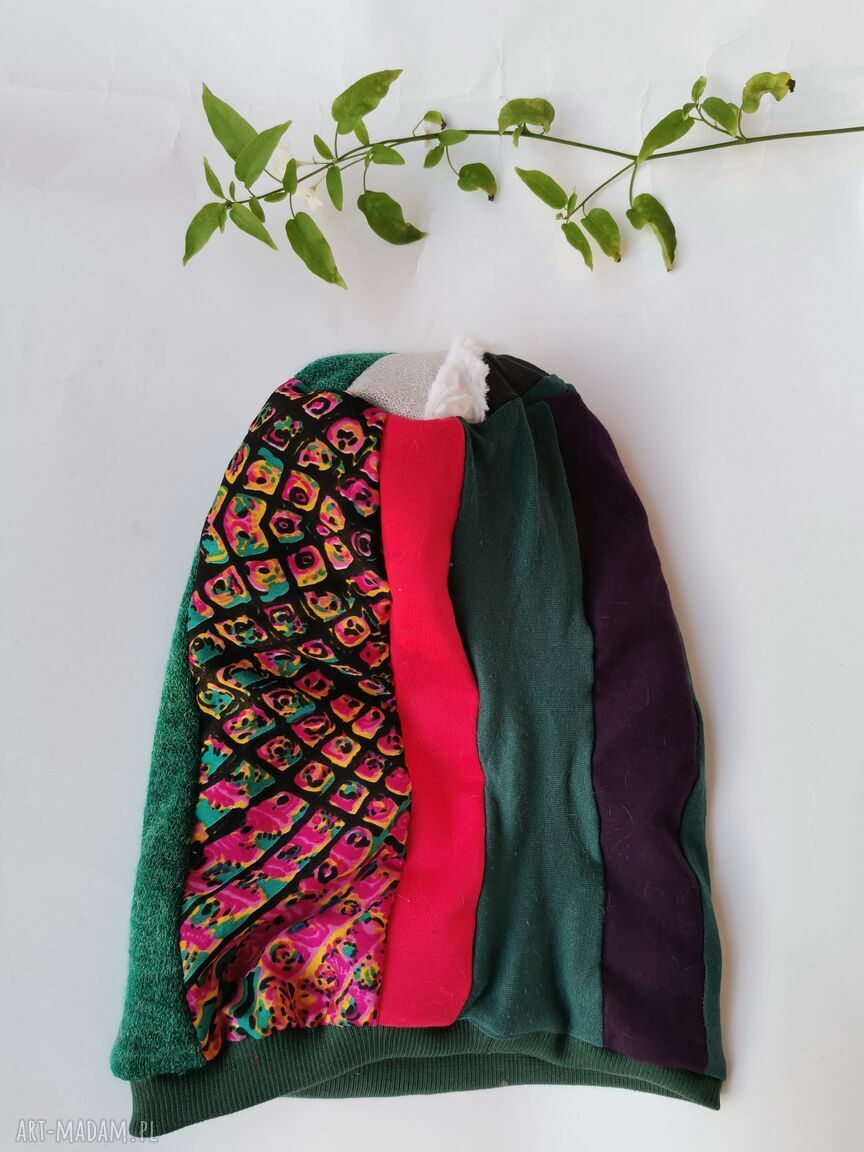 Kolorowa czapka patchworkowa Smerfetka folk boho na podszewce - one size