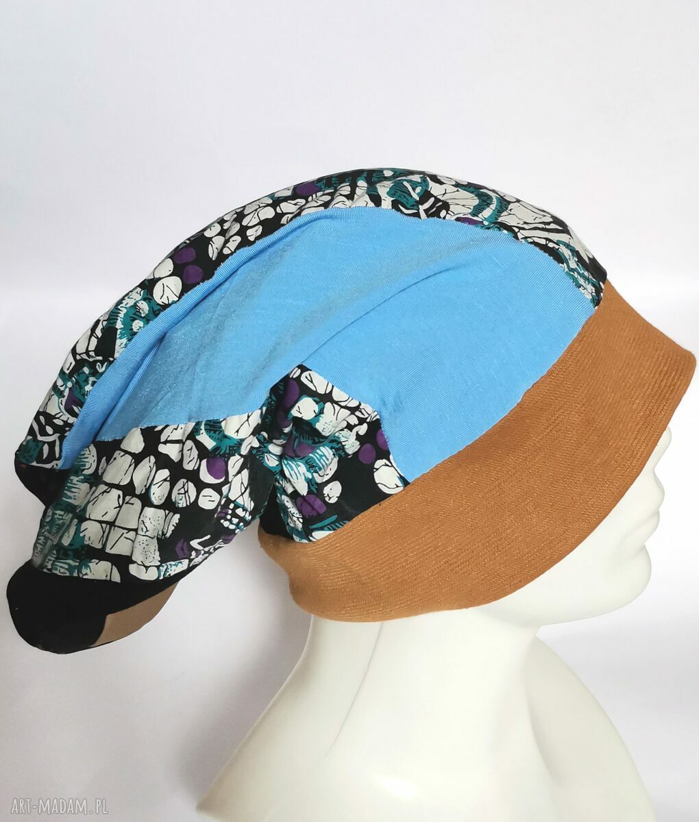 Czapka patchworkowa Smerfetka z podszewką - turbanowe marszczenie (57-59 cm)