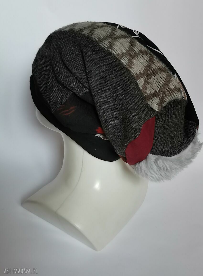 Długa czapka patchworkowa Smerfetka etno na podszewce - rozmiar 58-59 cm
