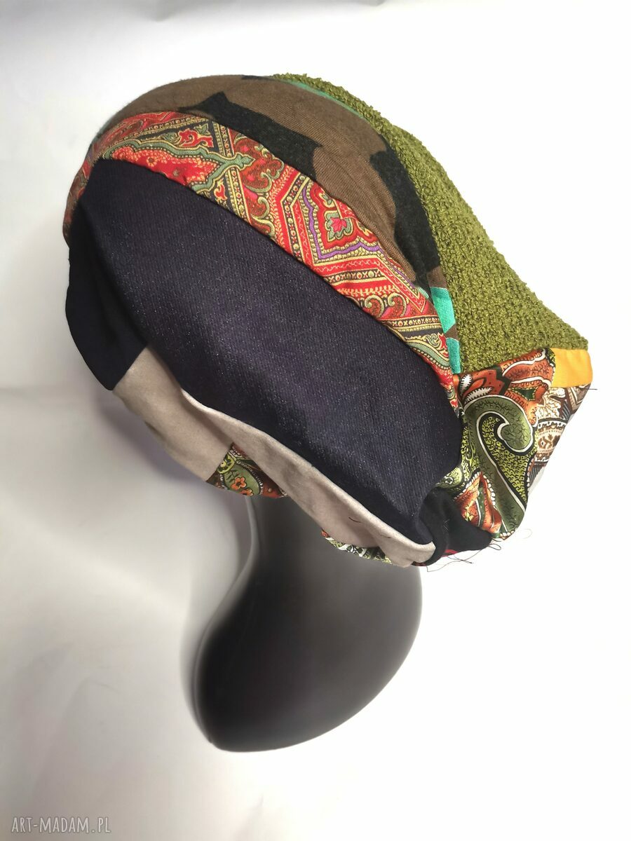 Czapka patchworkowa Smerfetka - kolorowa damska boho etno, uniwersalna na podszewce