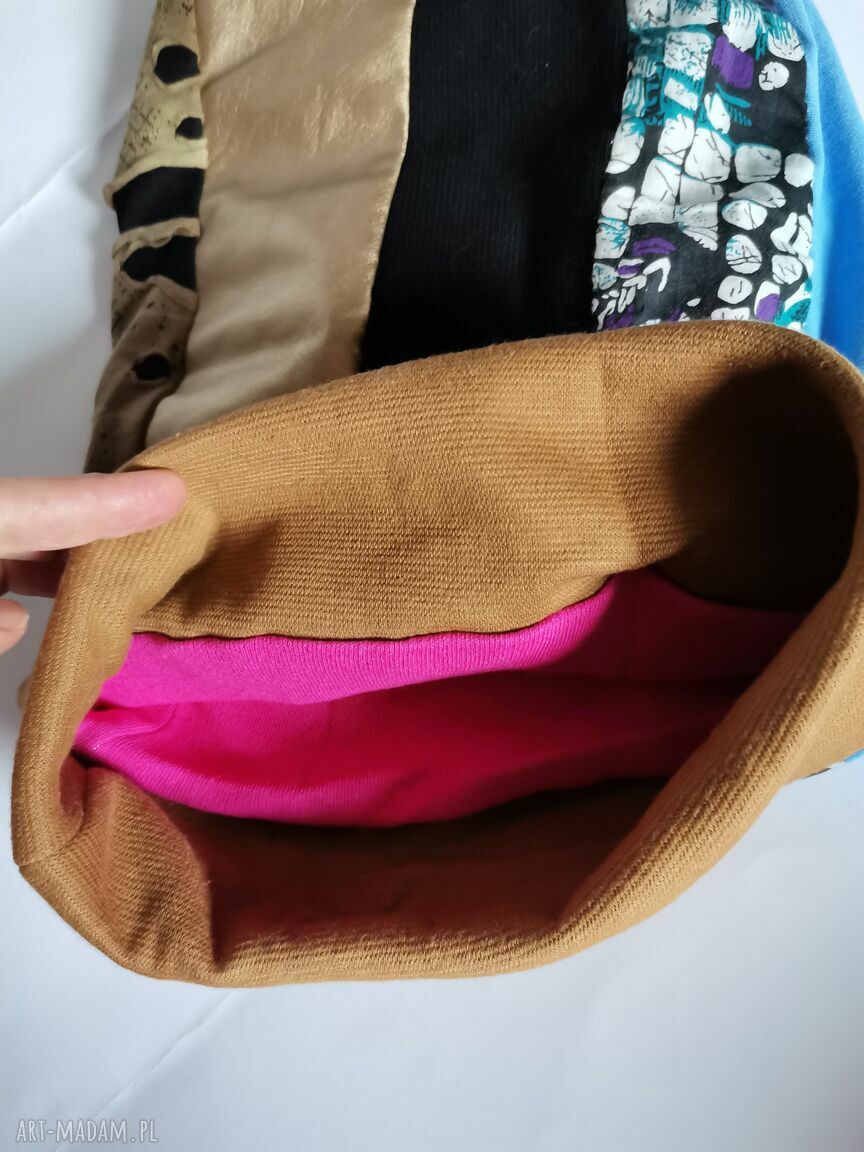 Czapka patchworkowa Smerfetka z podszewką - turbanowe marszczenie (57-59 cm)