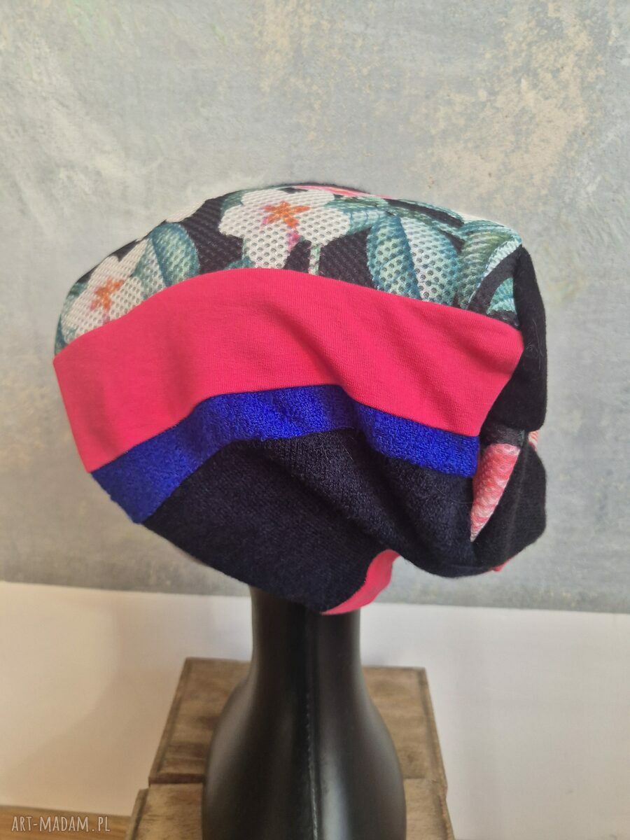 Wiosenna czapka patchworkowa boho na podszewce - Smerfetka uniwersalna