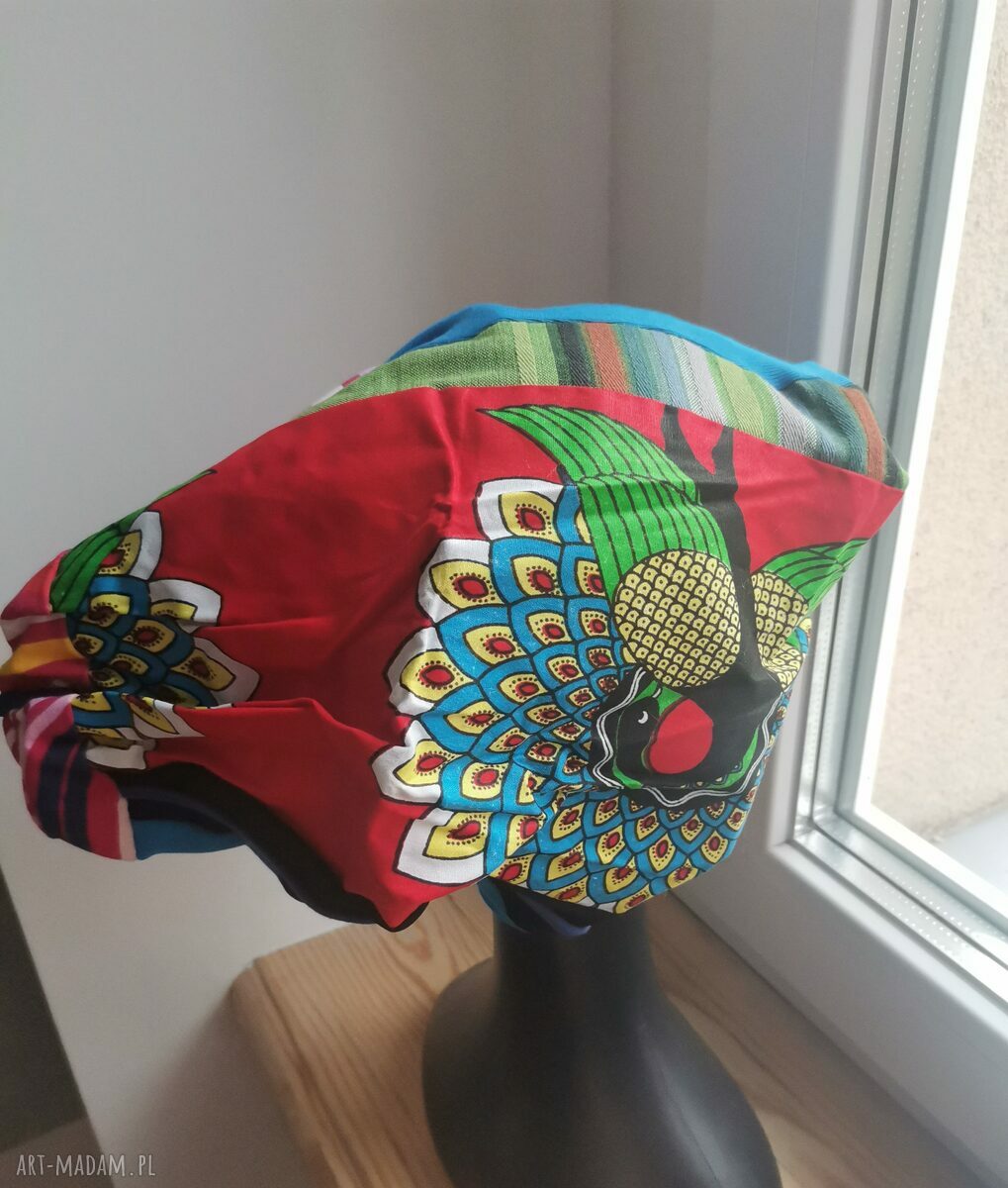 Czapka Smerfetka boho etno na podszewce - ręcznie farbowana