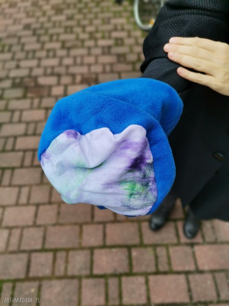 Czapka polarowa niebieska Boho Etno Folk, sportowy fason, rozmiar uniwersalny - ręcznie szyta