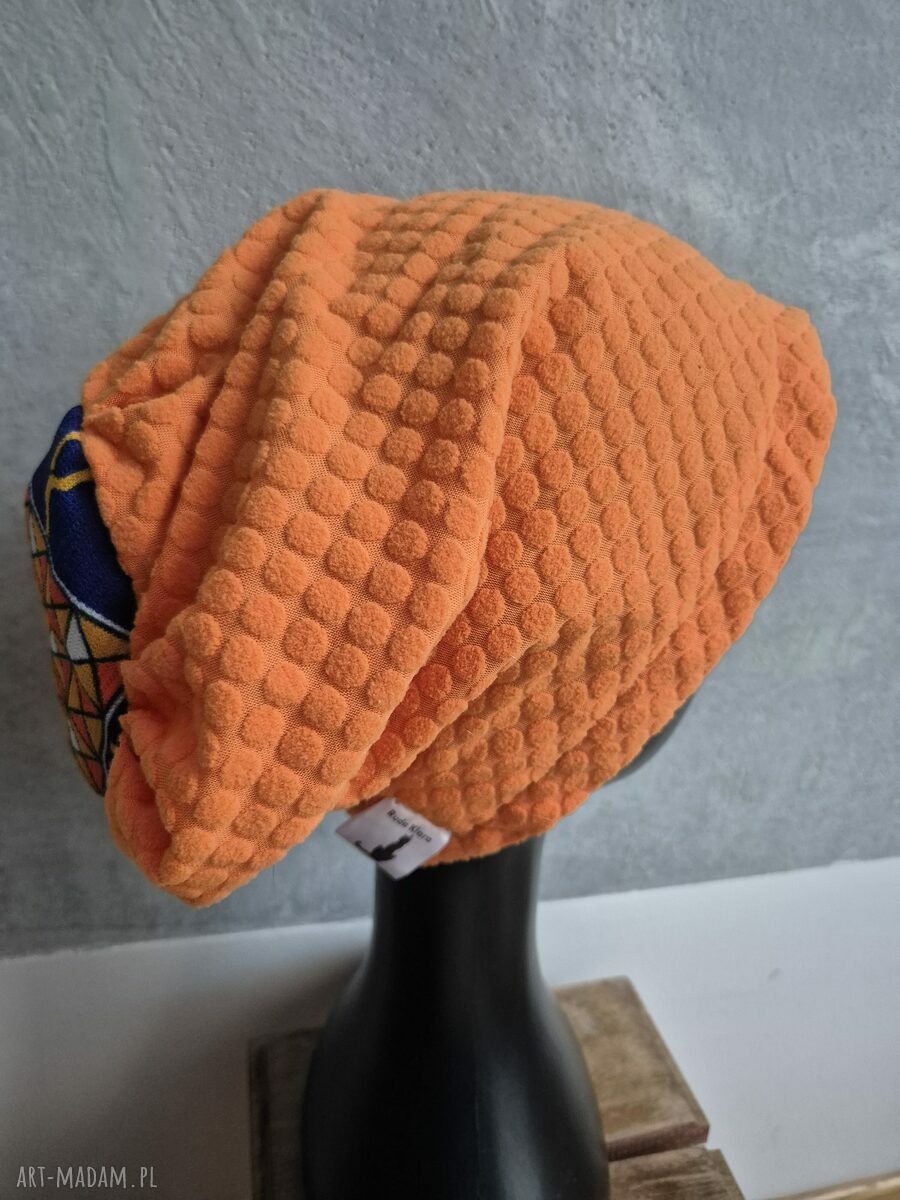 Pomarańczowa czapka na podszewce - handmade, rozmiar uniwersalny
