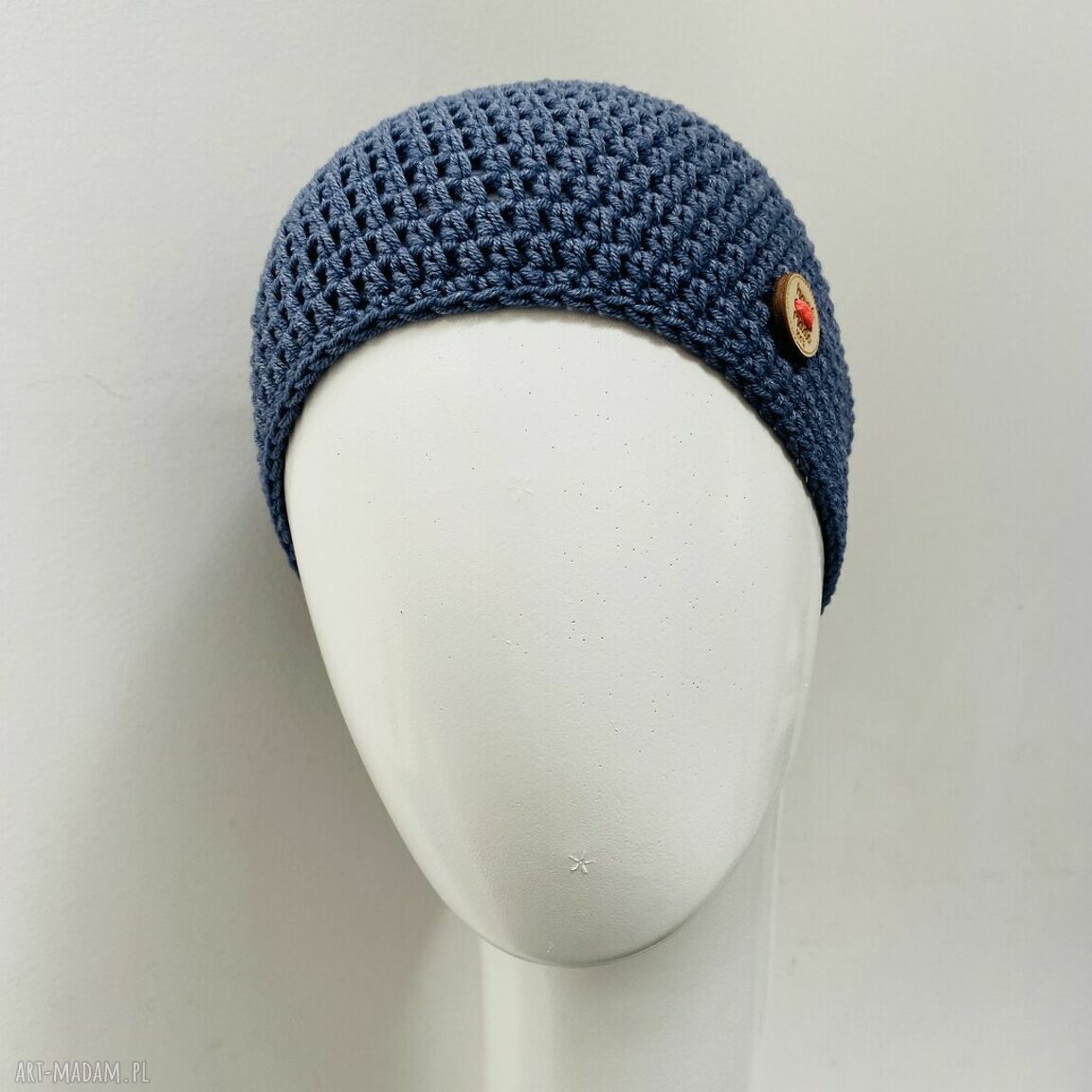 Cienka czapka przejściowa Beanie Smerf jeans - ręcznie szydełkowana