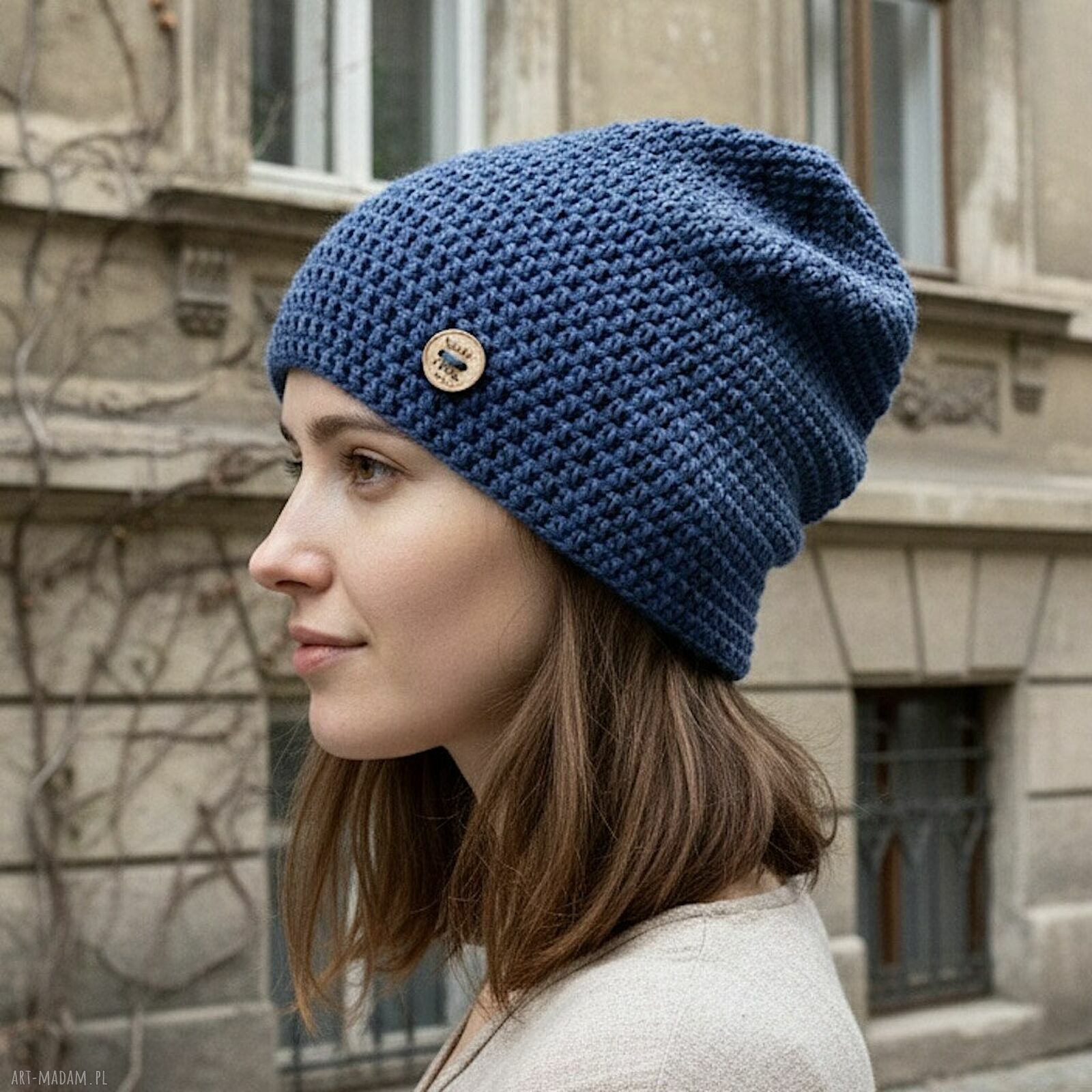 Cienka czapka beanie „Smerf” S/M - przejściowa, ręcznie dziana