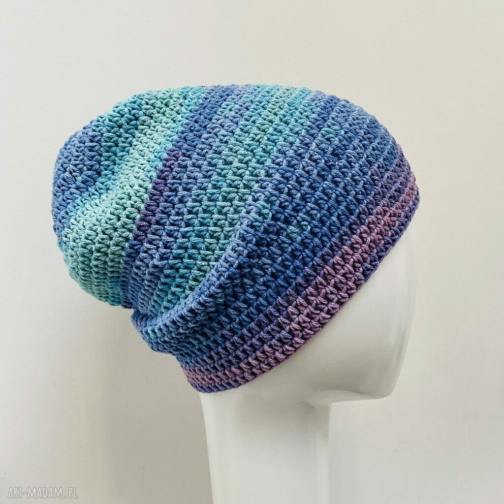 Czapka przejściowa cienka beanie „Smerf” z bawełny - ręcznie szydełkowana
