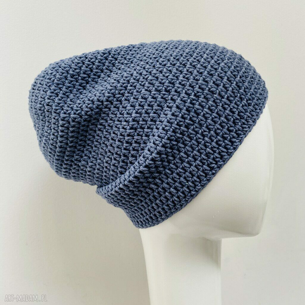 Cienka czapka przejściowa Beanie Smerf jeans - ręcznie szydełkowana
