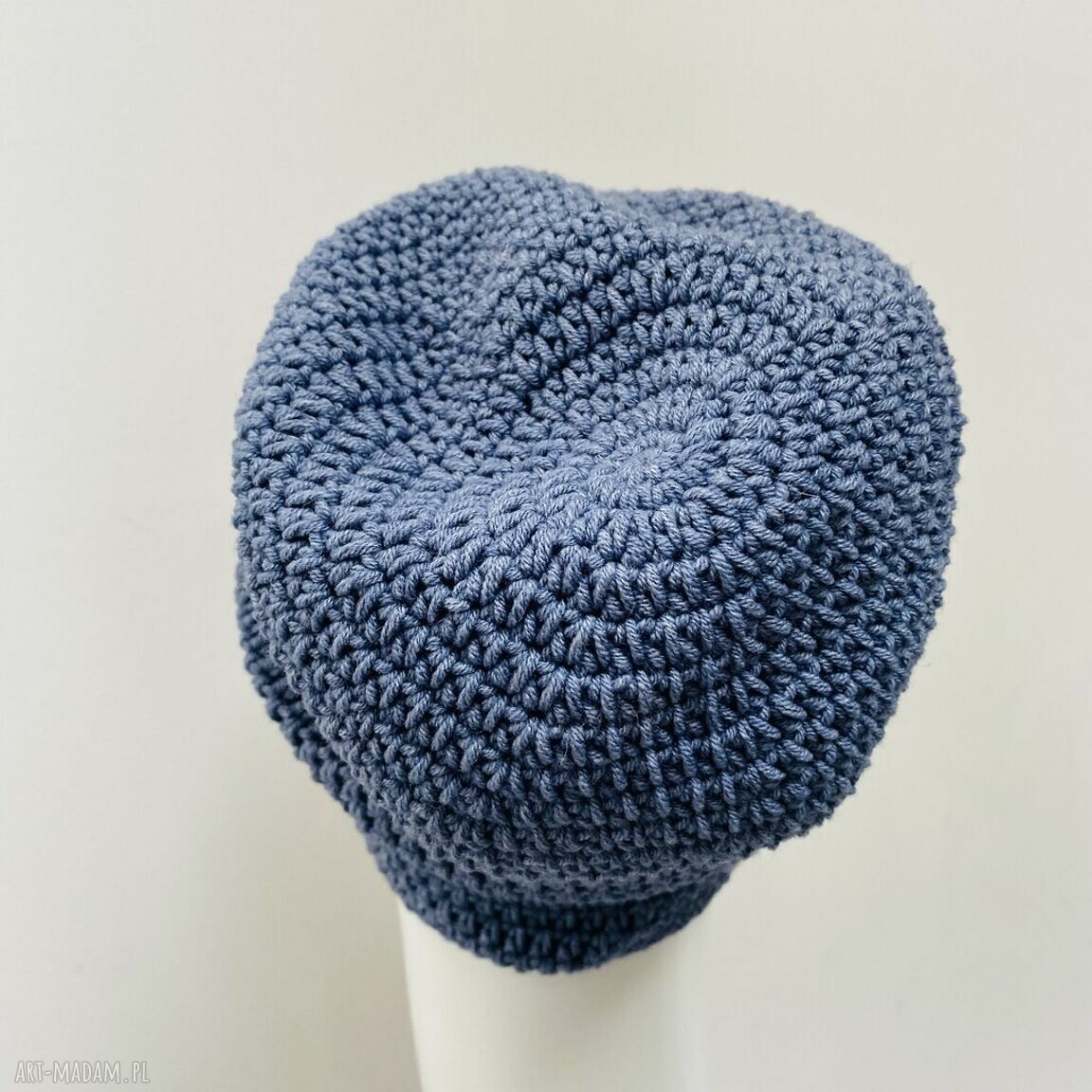 Cienka czapka przejściowa Beanie Smerf jeans - ręcznie szydełkowana