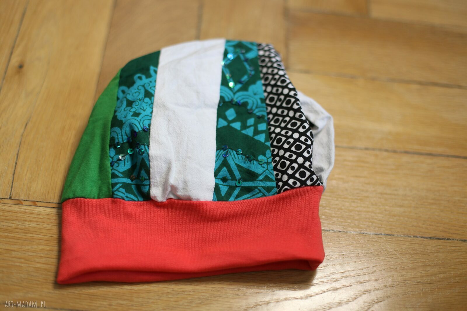 Czapka przejściówka patchworkowa na podszewce - turbanowy tył