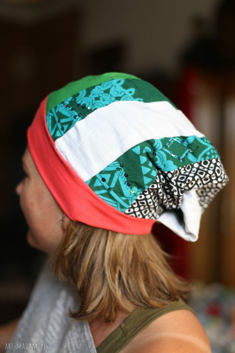 Czapka przejściówka patchworkowa na podszewce - turbanowy tył
