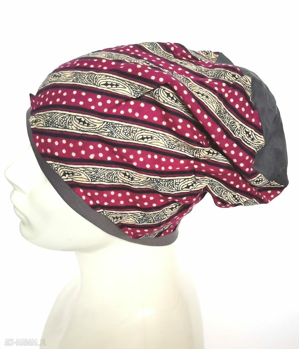 Czapka przejściówka etno boho na podszewce 55-56 cm dla dziewczynki 6-8 lat